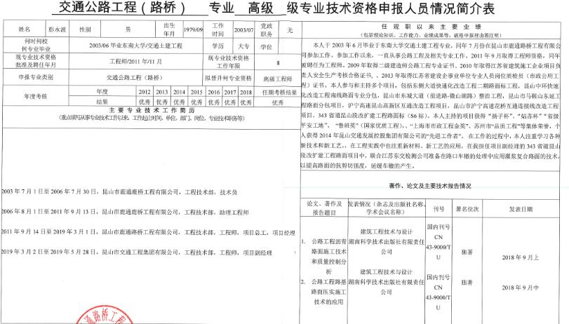 關(guān)于彭永波同志申報交通運輸工程高級工程師的公示